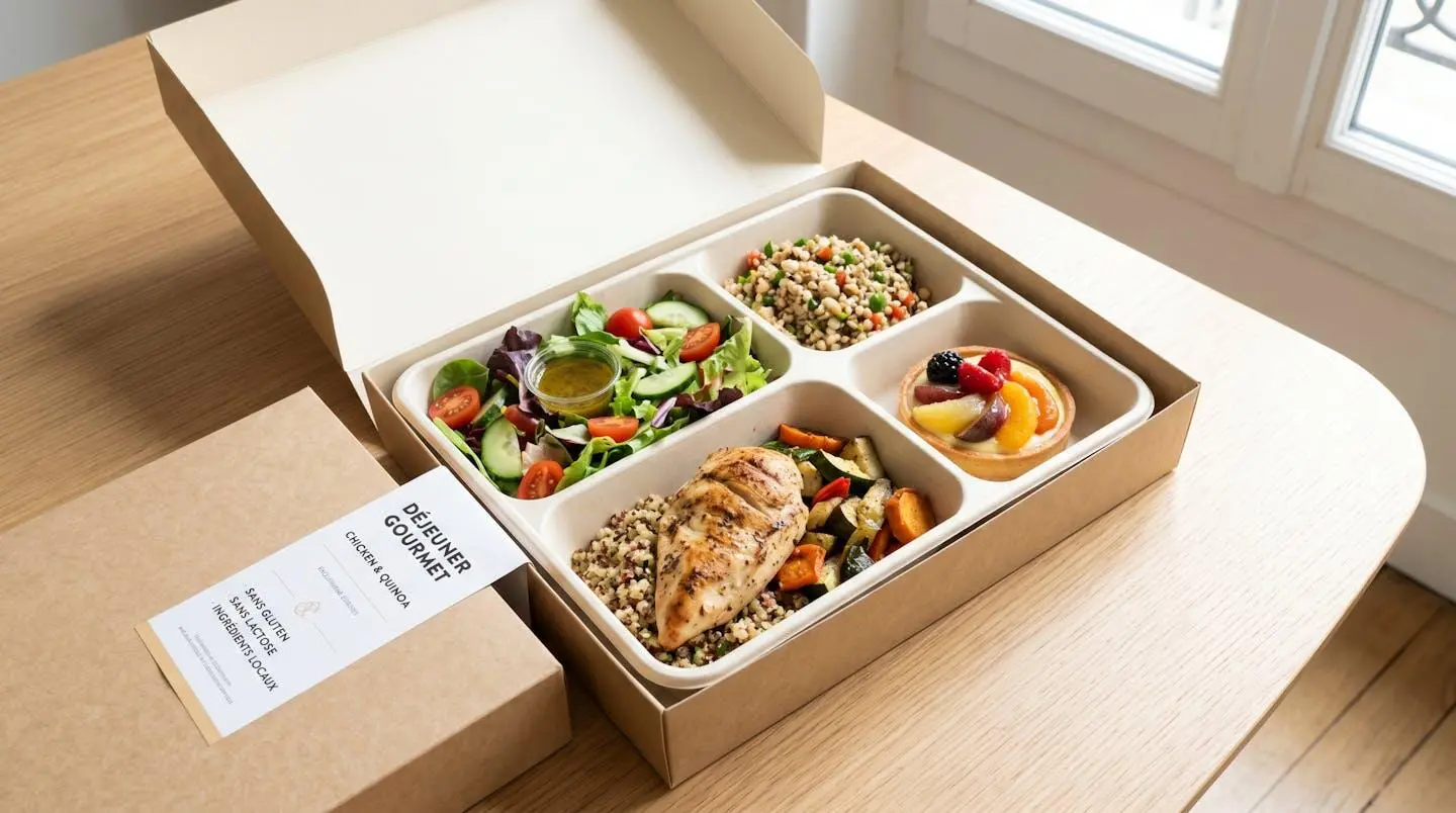 Plateau repas premium ouvert présentant une composition gastronomique soignée avec salade fraîche, plat principal élaboré et dessert, sur emballage durable avec étiquetage en français